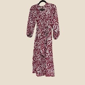 Ava & Viv Burgundy Wavy Psychedelic Ribbed Wrap Midi Dress Size X Long Sleeve